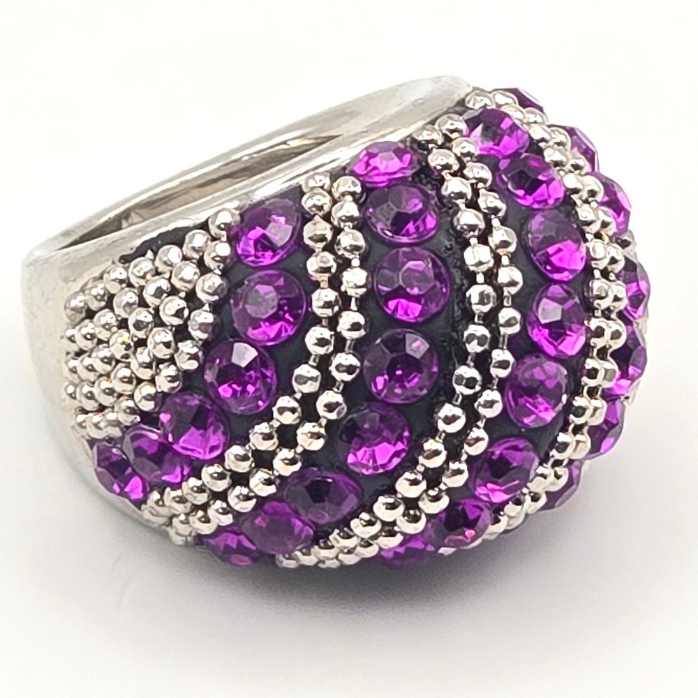 Silver Tone Purple Crystal Pave Dome Ring Textured Beadwork Statement Jewelry
